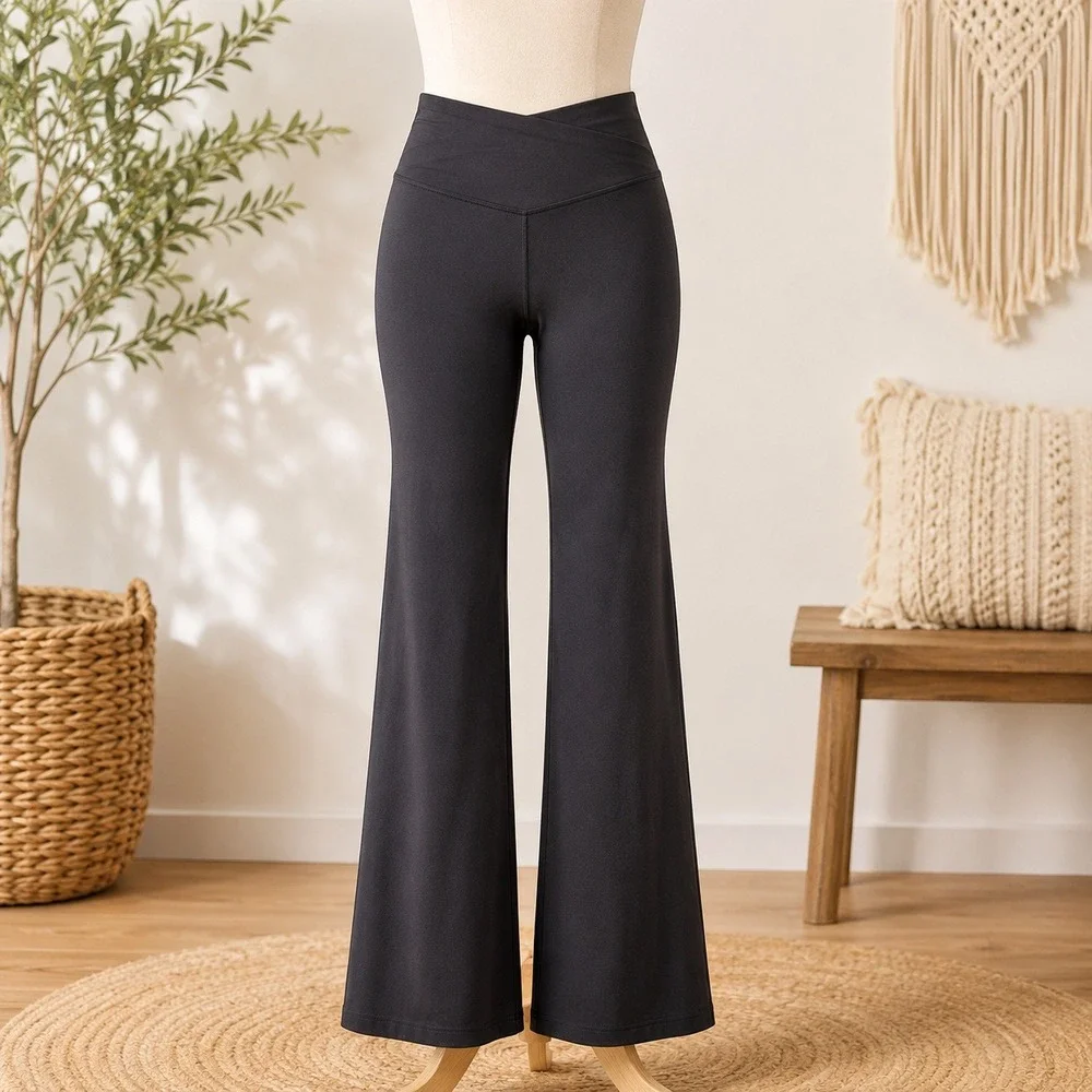 NWT Cupshe Yoga Pants Small Black Crossover High Waist Flare Leg Activewear - Picture 1 of 8